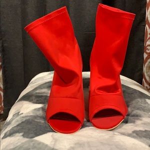 Red lycra peep $heel boty heels.